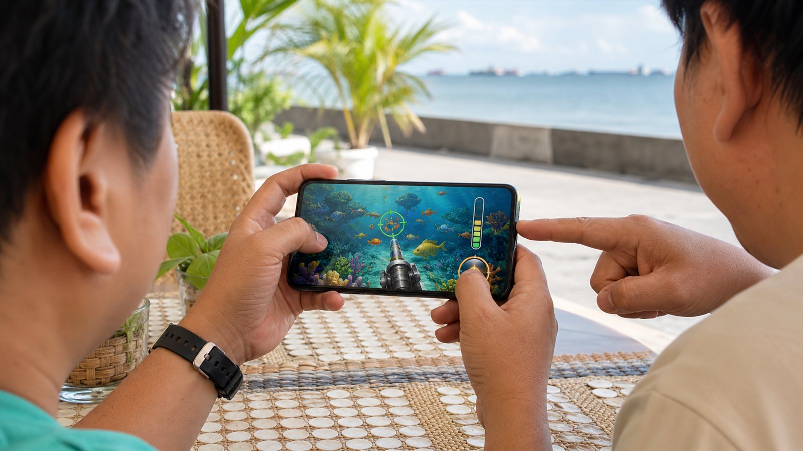 Arcade fishing game shown on a mobile phone