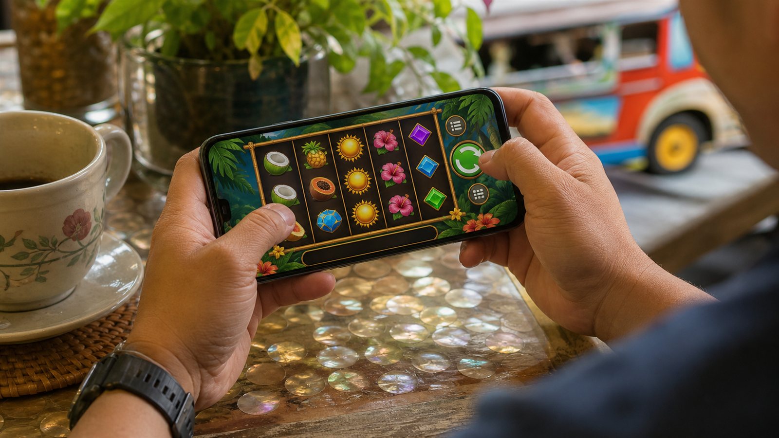 Mobile slot game screen with reels and controls